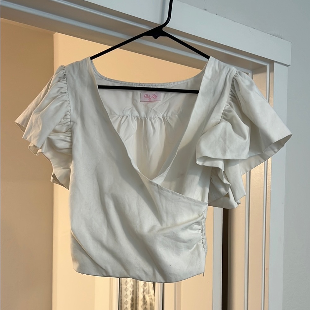 Pink Lily White Flutter Sleeve Wrap Blouse